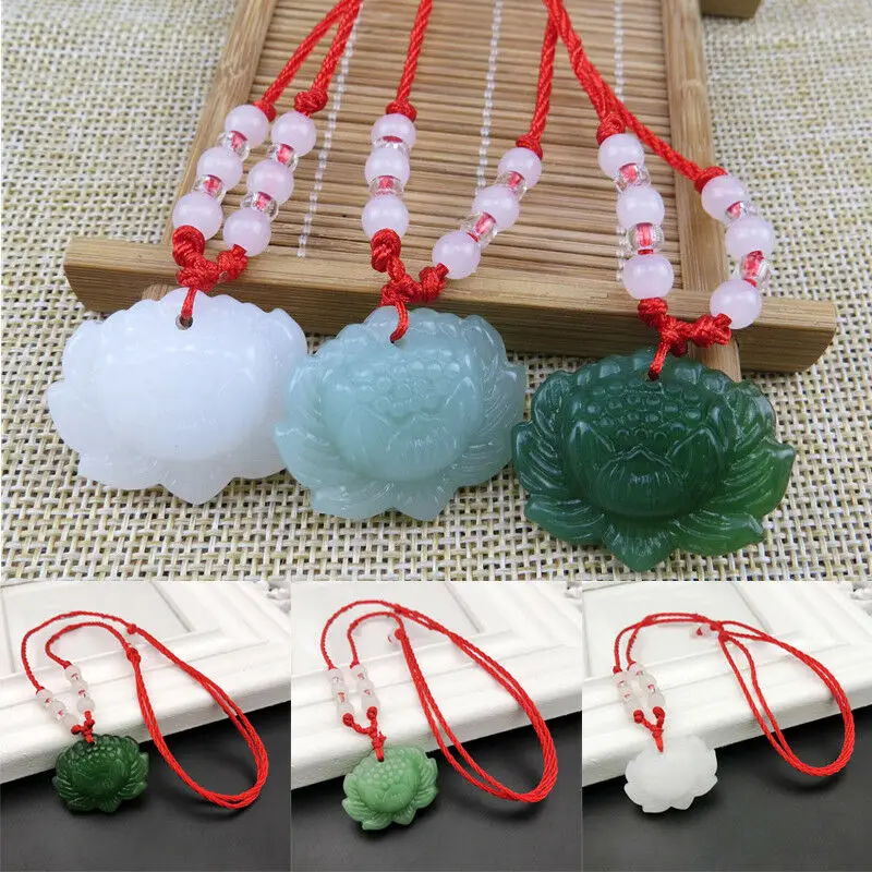 Necklaces - Natural Green Jade Lotus Pendant Beads
